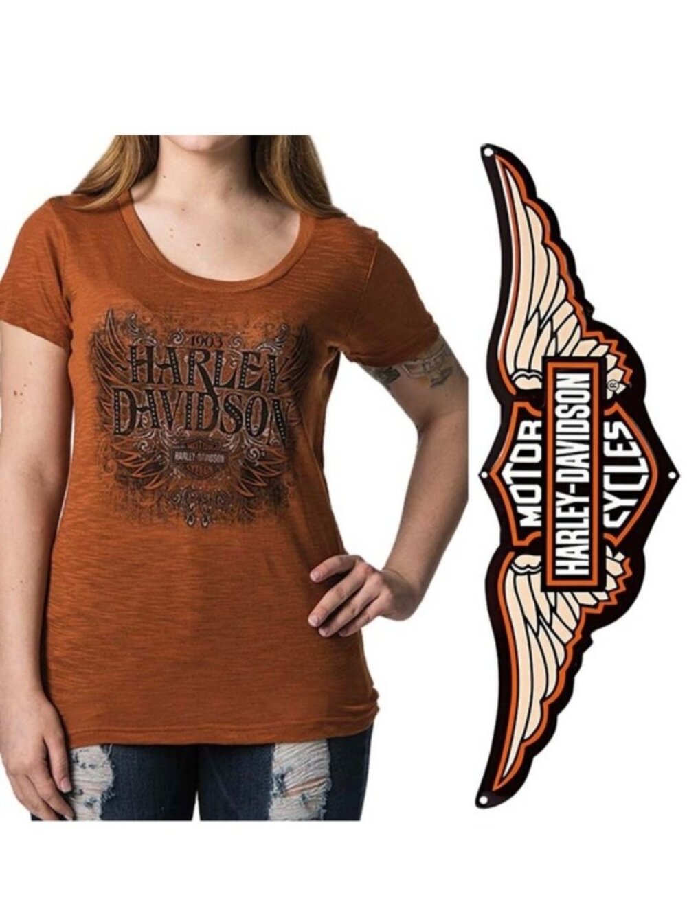 Harley Davidson | Burnt Orange Bling Short Sleeve Tee | Size Medium